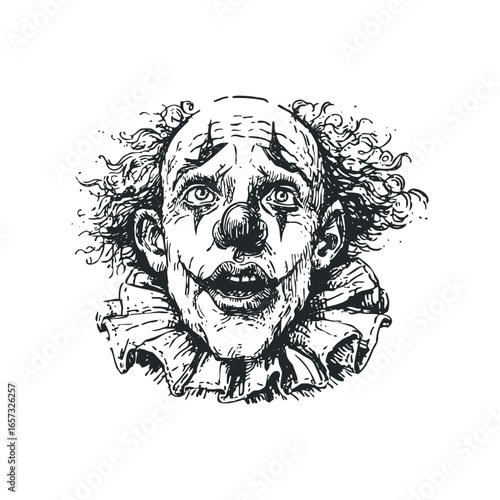 Disturbing close-up portrait of a sad clown with wild hair and a ruffled collar