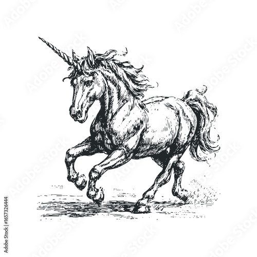 Sketch of a prancing unicorn with flowing mane and horn