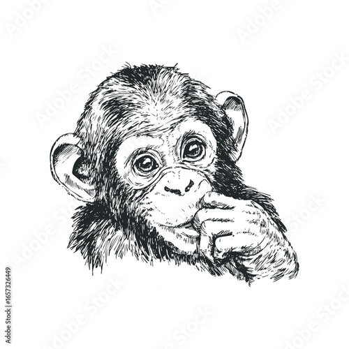 Chimpanzee primate thoughtfully touching its nose with a finger