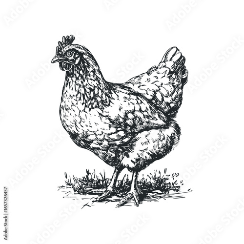 Detailed ink drawing of a hen standing on grass