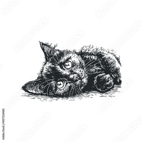 Black kitten lying down with large inquisitive eyes