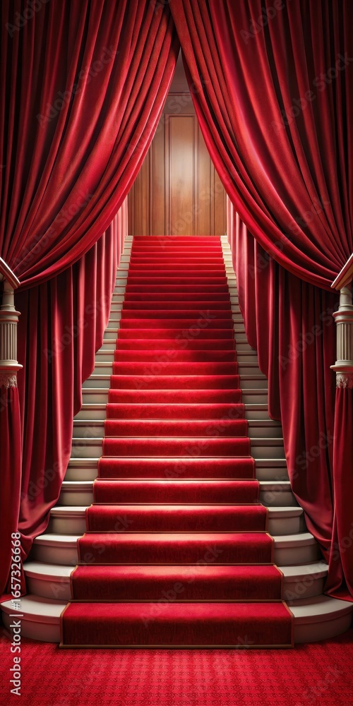 Fototapeta premium Red curtain draped over a staircase leading to a luxurious red carpet