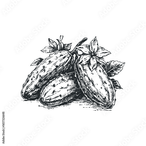 Wallpaper Mural Hand Drawn Sketch of Three Cucumbers with Leaves and Flower Torontodigital.ca