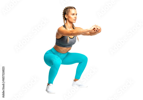Fit woman performing a squat exercise isolated on transparent background