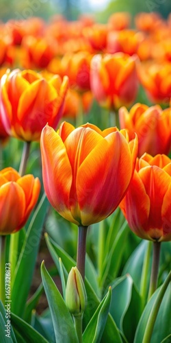 Vibrant orange tulips swaying gently in the breeze amidst lush greenery