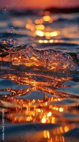 Sunset waves, golden light reflecting on water