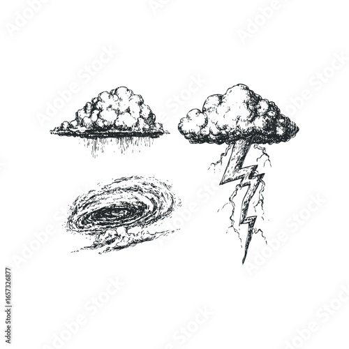 Hand Drawn Stormy Weather Collection with Clouds, Lightning and Cyclone