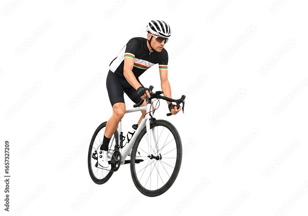 Male cyclist in racing gear on a road bike isolated on transparent background Male cyclist in racing gear on a road bike isolated on transparent background