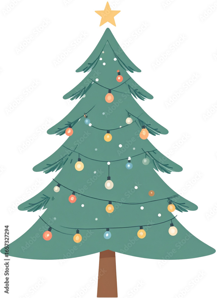 Fototapeta premium Classic Christmas tree with glowing string lights illustration