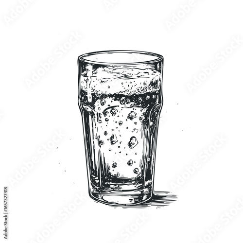 Glass of bubbly beverage with condensation and froth