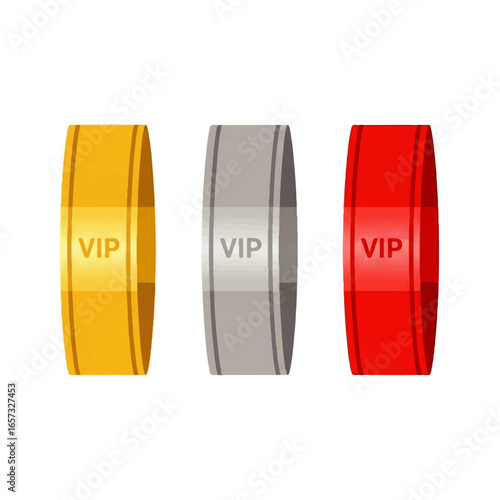 Set of three vertical VIP access wristbands in shiny gold, silver, and red colors, representing different membership levels.