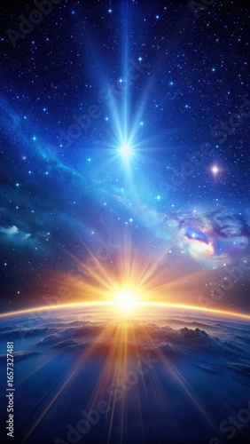 Dark blue space landscape with vibrant sunrise and stars in the sky
