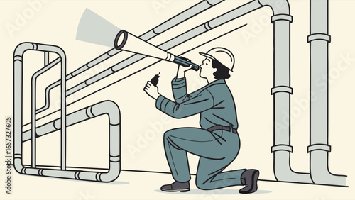 Inspector examining pipes with a flashlight in a facility for maintenance and safety compliance, ensuring operational efficiency and regulatory standards are met