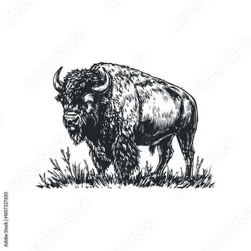 Majestic Bison Standing in Grassy Field Hand Drawn Sketch