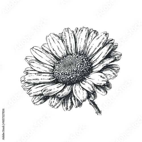 Hand Drawn Sketch of a Daisy Flower in Black and White on White Background