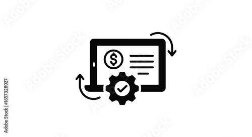 Laptop with dollar sign and gear icon on screen with arrows