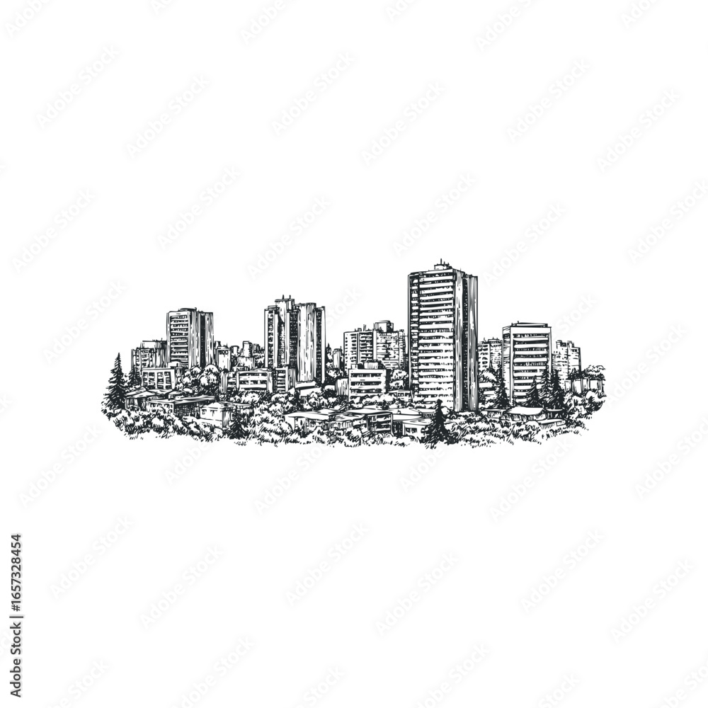 Fototapeta premium Hand-drawn sketch of a dense city skyline with diverse buildings and lush trees