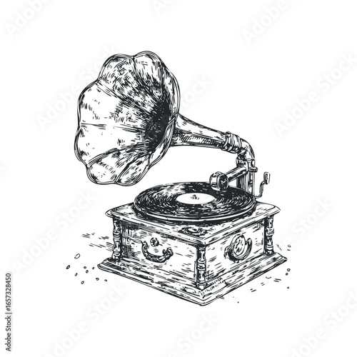 Vintage Gramophone with Spinning Record Detailed Sketch
