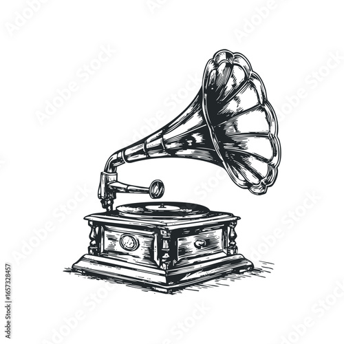 Vintage Gramophone with Large Horn and Spinning Record