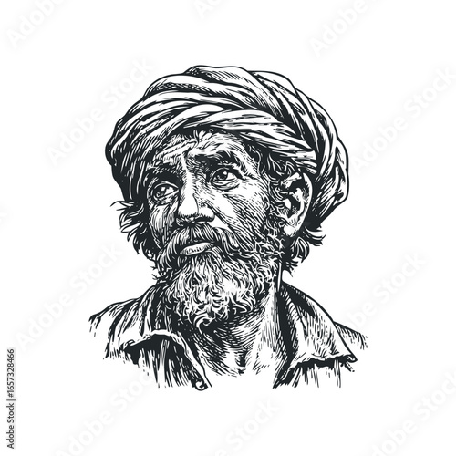 Intricate Woodcut Portrait of an Elderly Arab Man with a Turban and Beard