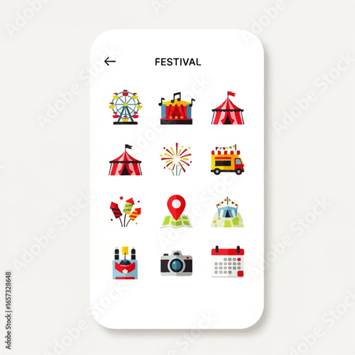 Colorful Festival and Carnival Flat Design Icon Set, Featuring Tents, Ferris Wheel, Fireworks, and Food Truck