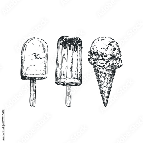 Hand drawn sketch of three frozen desserts including a plain popsicle, chocolate dipped popsicle, and ice cream cone