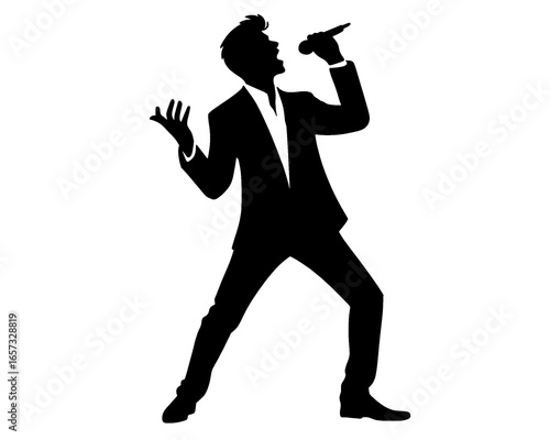 Silhouette of male singer singing, isolated icon on white background.	