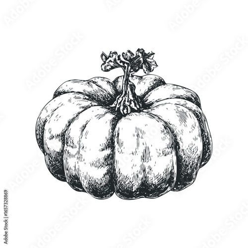 Detailed Sketch of a Ripe Pumpkin with Stem and Leaves