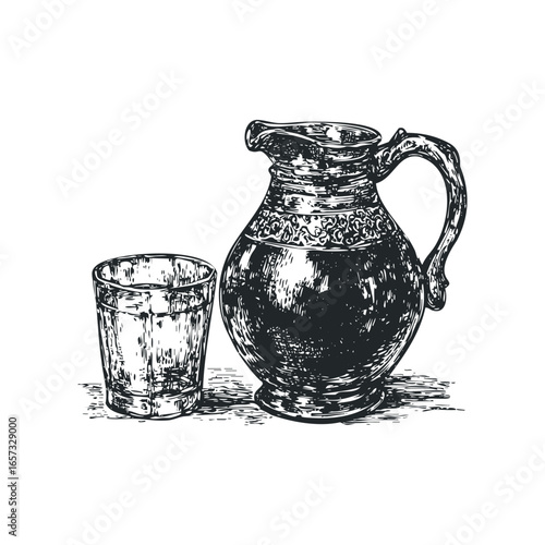 Antique jug and glass with ornate details in black and white