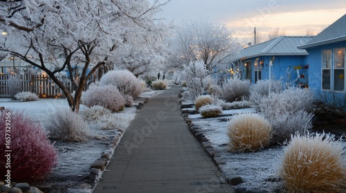 Snowy, frosty pathway between pastel-colored houses