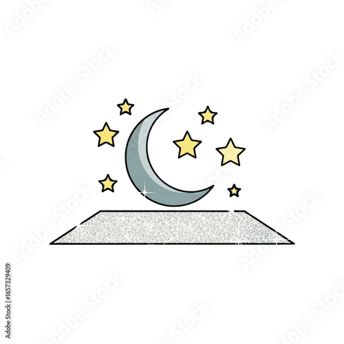 A decorative celestial object with a blue crescent moon, yellow stars, and a silver glitter stand.