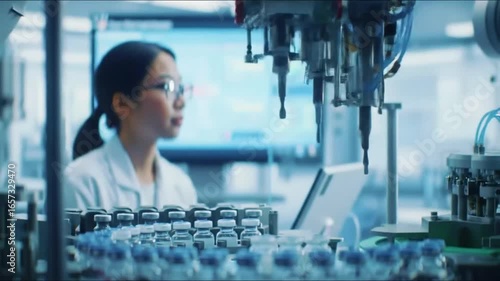 Wallpaper Mural A dedicated female scientist in a white lab coat meticulously observes a rack of test tubes being processed by advanced automated laboratory equipment. Torontodigital.ca