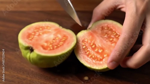 close up of water apple fruit being cut on the table