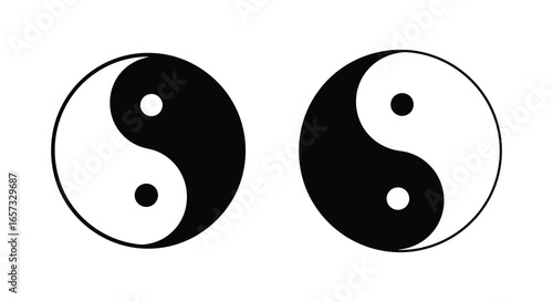 Yin yang symbols in black and white on a plain background