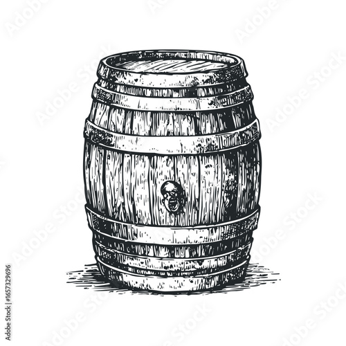Vintage Wooden Barrel with Metal Bands and Spigot Hole