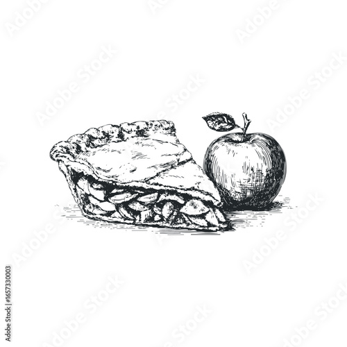 Detailed black and white drawing of a slice of apple pie next to a whole apple