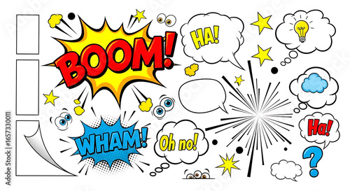 A comic book page with boom wham ha oh no and other comic elements on a white background design style