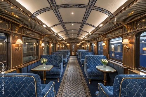 Luxurious vintage train carriage interior with plush blue velvet seats and ornate detailing