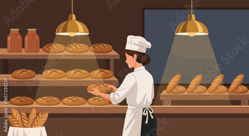 A baker preparing and organizing an assortment of breads inside a bakery shop