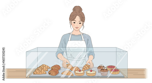 A baker showcases an assortment of fresh pastries in a display case illustration