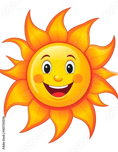 A cheerful cartoon sun with a smiling face and orange rays