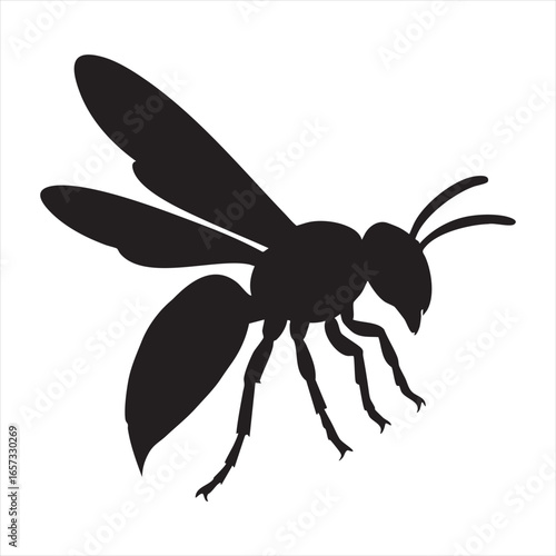 A stark black silhouette of a wasp with spread wings and visible legs, showcasing its insect form