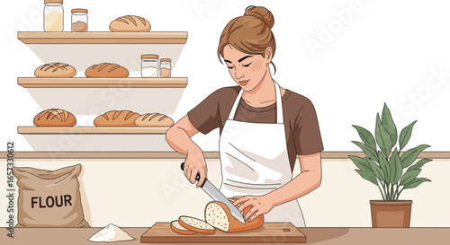 Artistic depiction of a baker slicing freshly baked bread in a bakery
