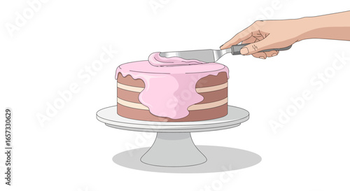 Artistic depiction of a hand frosting a cake with pink buttercream icing