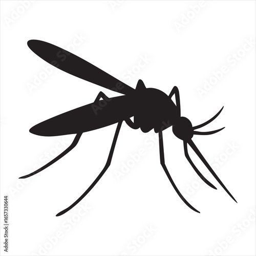 A stark black silhouette of a mosquito is depicted against a white background, showcasing its distinctive insect form