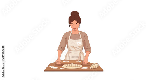 Artistic portrayal of a woman preparing croissants with focused expression