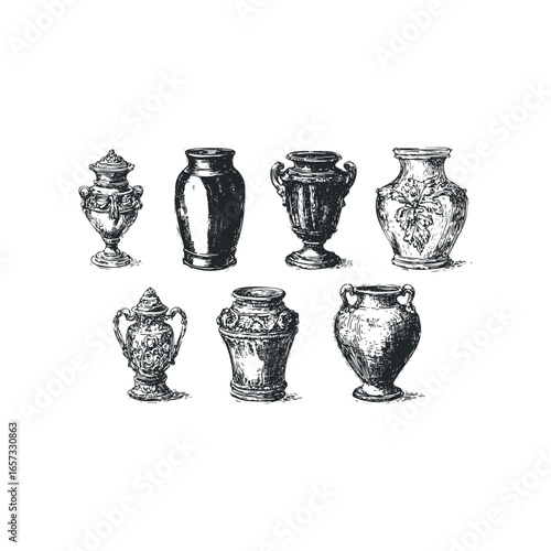 Collection of antique ornate decorative ceramic vases sketched on white background