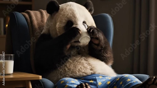 Panda is drinking a glass of warm tea in the living room
