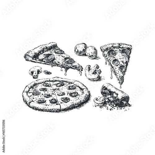 Hand-drawn sketch of classic pepperoni pizza slices and ingredients