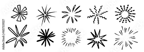 Hand drawn explosion set. Crayon doodled firework element collection. Black pastel sketches of firecracker, sunburst, spark burst, star lights, sparkles. Vector charcoal drawn rays and beams shapes
